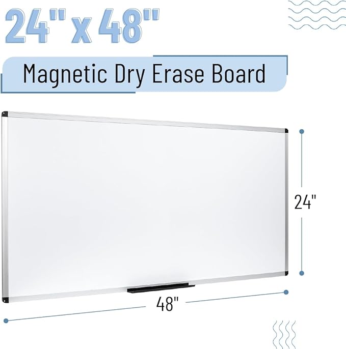 Mr. Pen- Magnetic Dry Erase Board for Wall, 24" x 48", Silver Aluminum Frame, Large White Board Dry Erase with Marker Tray & Mounting Hardware