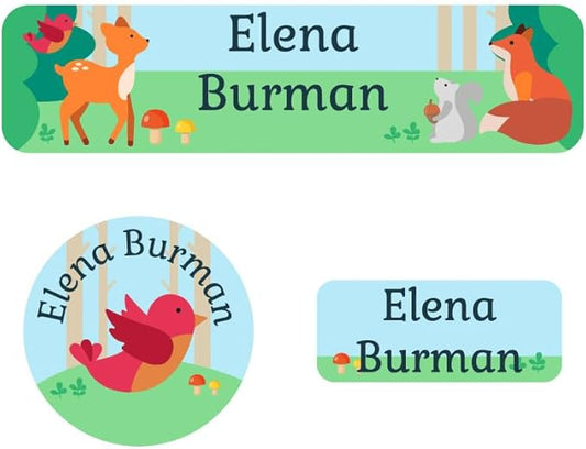 Name Bubbles - Kids Custom Name Labels for Daycare, School, Camp (102 Labels) - Personalized Waterproof Name Stickers for Clothes Tags, Lunch Boxes, Water Bottles, & School Supplies (Woodland Animals)