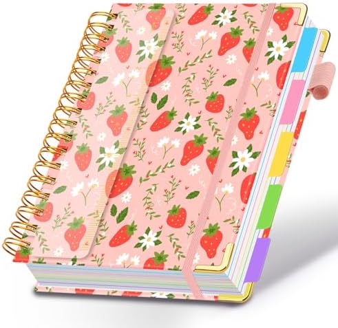 Spiral Journal Notebooks for Work, 300 Pages 5 Subject Notebook College Ruled with Dividers & Tabs, A5 Notebook Journal for Women Students Note-Taking and Organizer (Pink Strawberry)