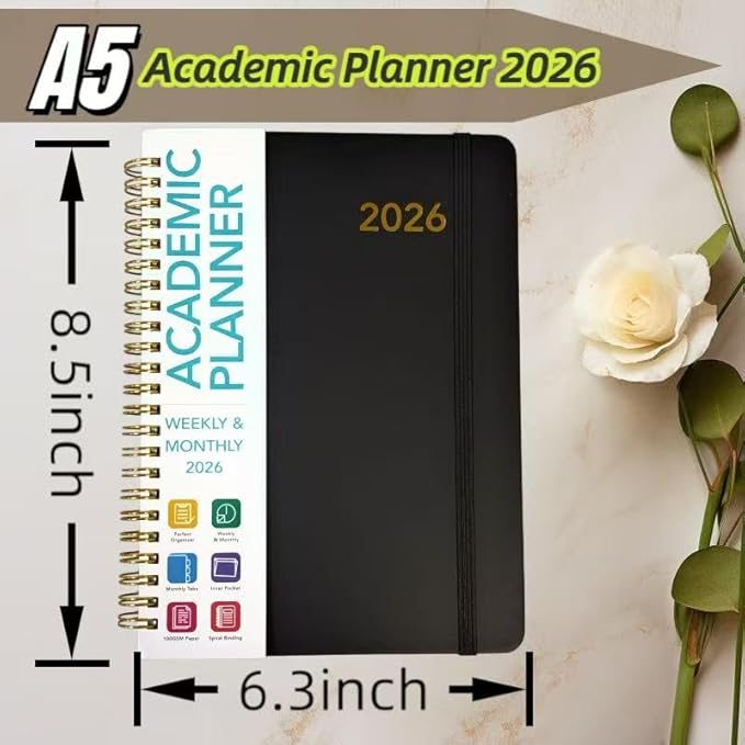 Academic Planner 2026 - Hardcover Weekly & Monthly Calendar Agenda, Daily Planner for Students & Teachers, 8.5" x 6.3" Portable Size，Daily Agenda Book with Tabs, College Organizer Notebook (black)