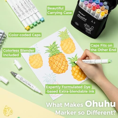 Ohuhu Alcohol Markers Brush& Fine 24 Colors for Adults Coloring Refillable