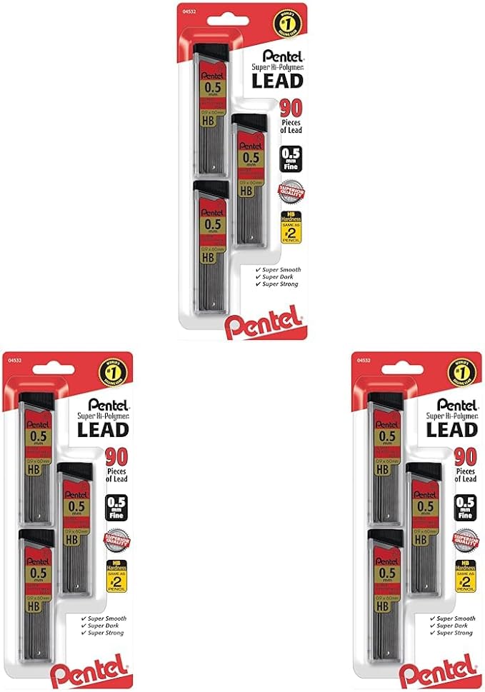 Pentel Super Hi-Polymer Lead Refills, (0.5 mm), Fine, HB, Pack of 9, 90 Pieces (C25BPHB3-K6)