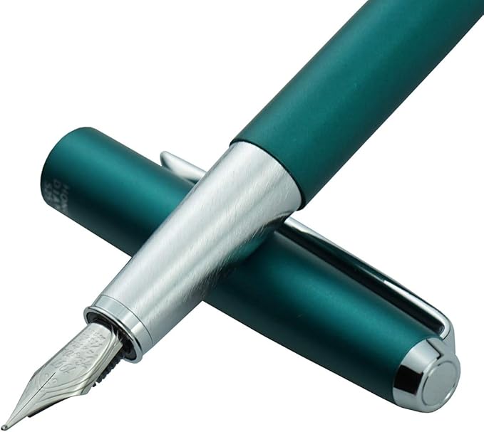 HongDian 525 Green Metal Fountain Pen Bent Nib, Calligraphy Fude Pen 0.6mm with Converter and Metal Box Set