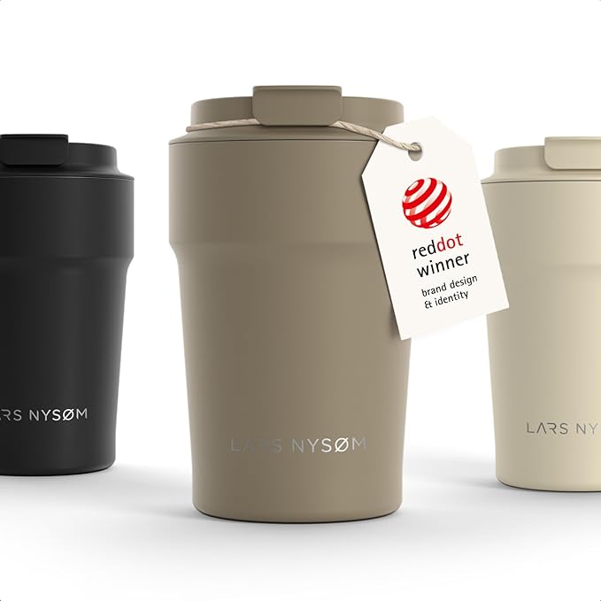 LARS NYSØM Thermo Coffee Mug to go 13oz | Travel Mug 0.38 Liter with Insulation | Silicone grip base | Leak Proof Stainless Steel Tumbler for Coffee and Tea on the Go (Powder Taupe Brown, 13oz)