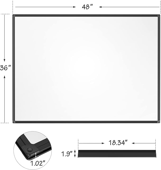 SunyesYoon Magnetic Dry Erase Whiteboard 48 x 36 Inch - 4 x 3 Large White Board, Black Aluminum Frame Wall-Mounted, Magnetic Eraser, 2 Pen, Detachable Marker Tray, 6 Magnets for Office, School