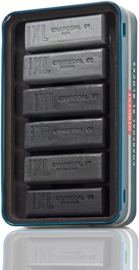 Derwent Charcoal XL Blocks 6 Tin, Set of 6, 60mm Extra-Large Block, Naturally Water-soluble, Ideal for Sketching, Drawing and Expressive Mark Making, Professional Quality (2306196)