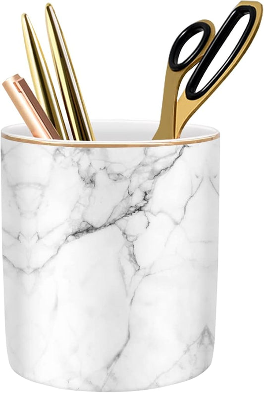 Pen Holder for Desk Cute, Modern Marble Desk Organizer, Durable Ceramic Pencil Cup, Makeup Brush Holder Cup, Multifunctional Office Stationery Holder for Women, Men, White Marble
