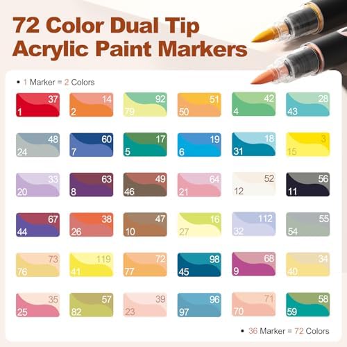SUNEE 72 Colors Acrylic Paint Markers, 36 Pack Brush Tip Paint Pens with Automatic Ink Control System, Coloring Markers for Metal, Rock, Ceramic, Wood, Canvas, Glass, DIY Crafts Art Supplies Kit