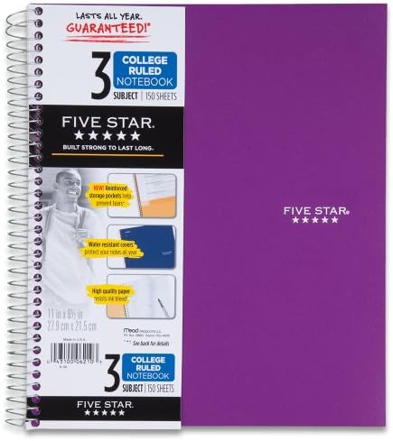 Five Star Spiral Notebook, 3 Subject, College Ruled Paper, 150 Sheets, 11" x 8-1/2" Sheet Size, Purple (72567)