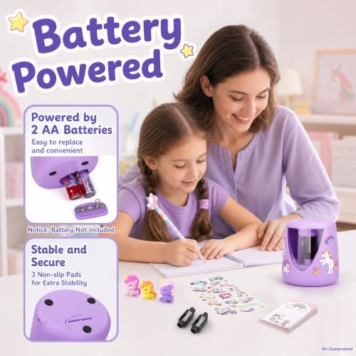 homicozy Electric Pencil Sharpeners for Kids, Cute Small Pencil Sharpener for Home Classroom, Battery Pencil Sharpener Electric Plug in, with Erasers DIY Stickers Note Pad (Purple Battery)