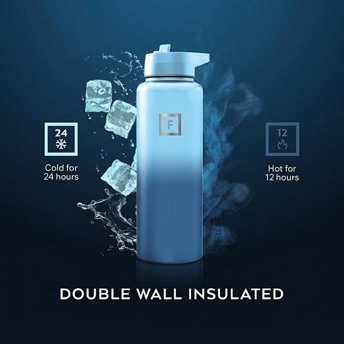 IRON °FLASK 40 oz Wide Mouth Water Bottle with Straw | Insulated Stainless Steel Sports Water Bottle with Leakproof Straw Lid - BPA Free, Cold 24 Hrs, Sweat Free (Blue Waves)