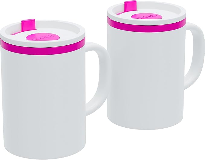 Copco Iconic 16oz Double Wall Insulated Desk Mug with Lid and Handle, Set of 2, BPA-Free Reusable Plastic, Spill-Resistant, Microwave & Dishwasher Safe, Wide Mouth (Pink)