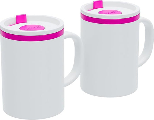 Copco Iconic 16oz Double Wall Insulated Desk Mug with Lid and Handle, Set of 2, BPA-Free Reusable Plastic, Spill-Resistant, Microwave & Dishwasher Safe, Wide Mouth (Pink)