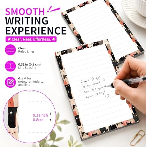 Lined Sticky Notes 4x6 in, 2 Pack Large Cute Notepads with Lines Self-Stick Note Pad, Funny Memo Pads Strong Adhesive for Office, Home Cute Colorful Cats