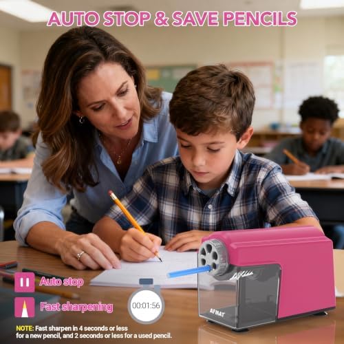 AFMAT Electric Pencil Sharpener Heavy Duty, 6 Holes, Cordless & Rechargeable, Super Fast, Auto Stop, 10K+ Uses, Classroom Pencil Sharpener for 6-11mm No.2/Large/Colored Pencils PSD4