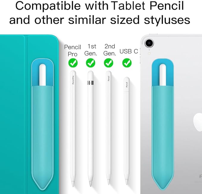 MoKo Pencil Holder Sticker Fit Apple Pencil Pro, Apple Pencil (USB-C), Apple Pencil 1st/2nd Generation, Elastic Pencil Pocket Pouch Adhesive Sleeve Attached to iPad Case for Stylus Pens, Cyan Blue