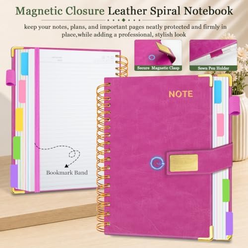 Hardcover Spiral Notebook 8''x 10'' College Ruled Notebook with Magnetic Closure, 300 Pages 5 Subject Notebooks with Pocket Dividers for Work School, B5 Leather Journal for Women, Men (Rose Purple)