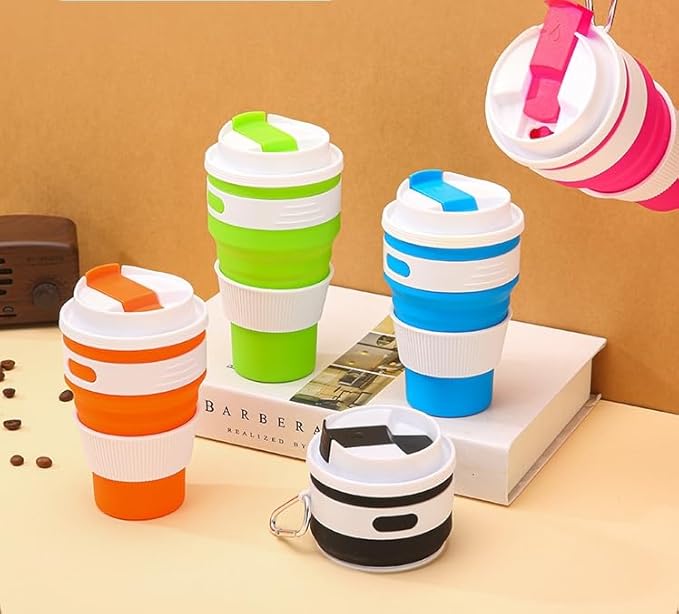 Foldable silicone coffee cup, 16 oz portable eco-friendly water cup with double lids, storage with hanging ring to save space, suitable for outdoor hiking, camping, cycling, car use (Rose Red 420ML)