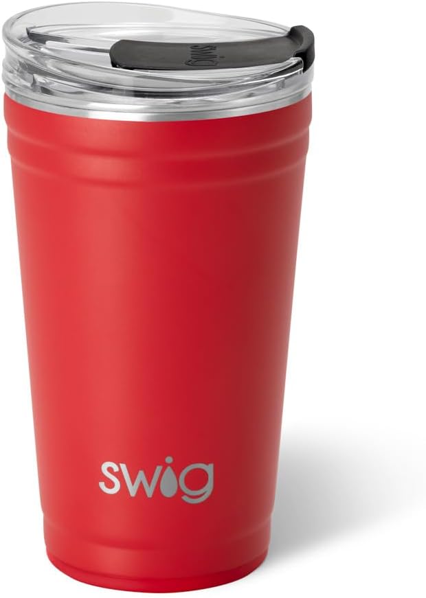 Swig Life 24oz Party Cup, Stackable Insulated Travel Coffee Tumbler with EZ Slider Lid, Cup Holder Friendly, Stainless Steel 24 oz Tumbler, Reusable Coffee Mug (Red)