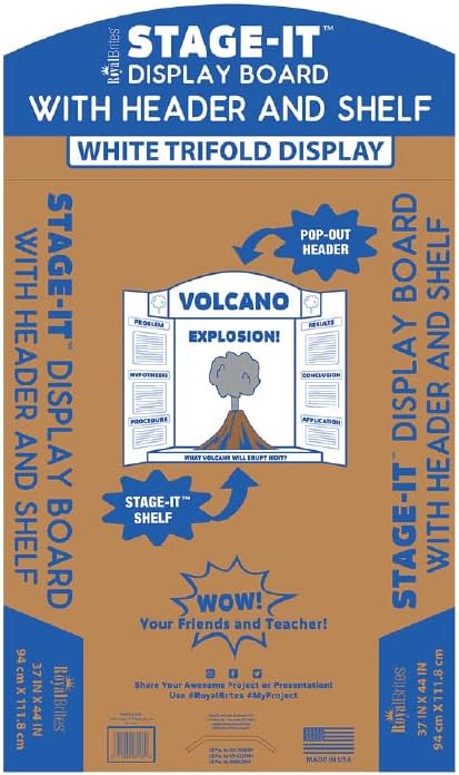 Royal Brites Stage-It Display Board, 37" x 44" 5 Pack Tri-fold Presentation Board with 3D Pop-Out Header & Shelf, White Corrugated Board for Science Fairs, School Projects, Work Presentations - 5 Pack