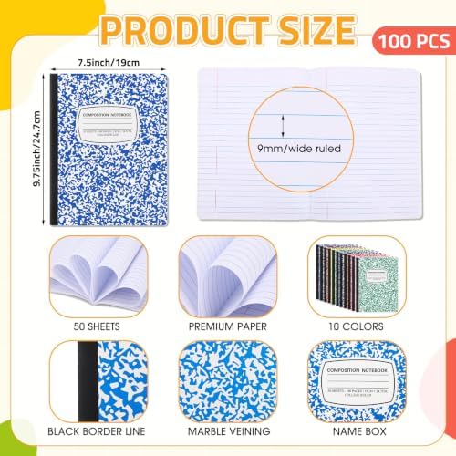 Fainne 100 Pack College Ruled Composition Notebooks Bulk B5,Multicolor