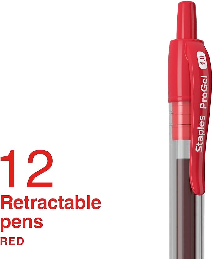Staples ProGel Retractable Gel Pens, Bold 1.0mm, Red Ink, 12-Pack | Smooth-flow pens for editing, mark-up, and everyday office writing.