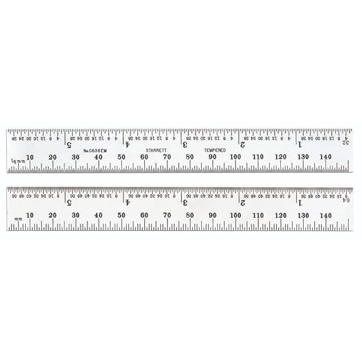 Starrett Spring Tempered Steel Rule with Satin Chrome Finish, Millimeter and Inch Graduation - 6" Length, 36 Graduation Type, 1.2mm Thickness - C636EM-6