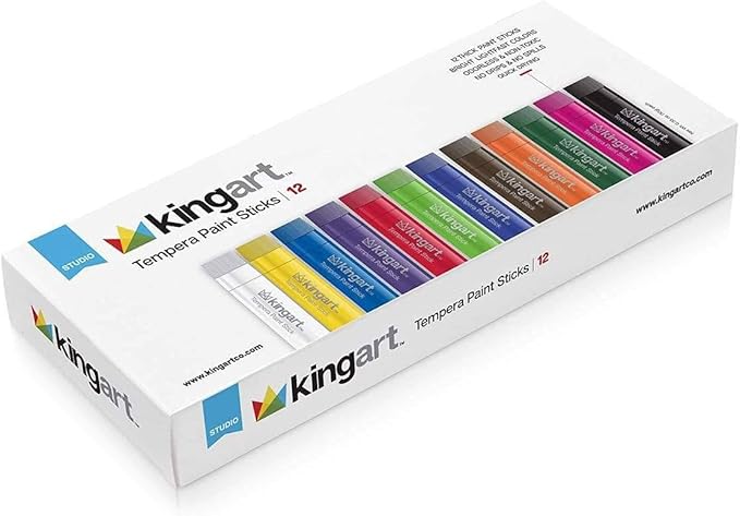 KINGART TEMPERA PAINT Sticks, Set of 12 Rich Colors, Solid Tempera Paint, Super Quick Drying, Non-Toxic, Work Great on Paper, Canvas, Wood, Glass and more