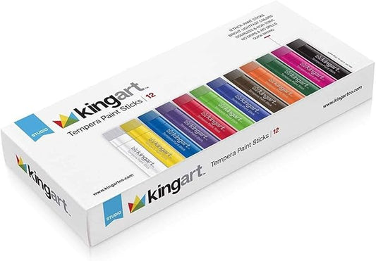 KINGART TEMPERA PAINT Sticks, Set of 12 Rich Colors, Solid Tempera Paint, Super Quick Drying, Non-Toxic, Work Great on Paper, Canvas, Wood, Glass and more