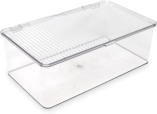 Isaac Jacobs Medium Stackable Organizer Bin (10.75”x6.5”x3.7”) w/ Hinged Lid, Clear Storage Box, Home, Office, School, Fridge, Bathroom, Kitchen, Pantry Container, BPA-Free, Food Safe (Medium, Clear)