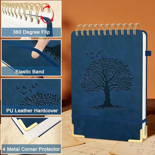 A5 Top Spiral Notebook, Tree Pattern Large Leather Hardcover Left Handed journal, 240 Pages 100 Gsm Lined Paper Top Bound Steno Pads for Work, School, Travel Writing - Navy Blue, 5.9" x 8.5"