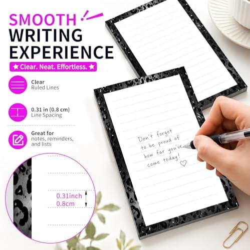 Lined Sticky Notes 4x6 in, 2 Pack Large Cute Notepads with Lines Self-Stick Note Pad, Funny Memo Pads Strong Adhesive for Office, Home Glitter Black Leopard