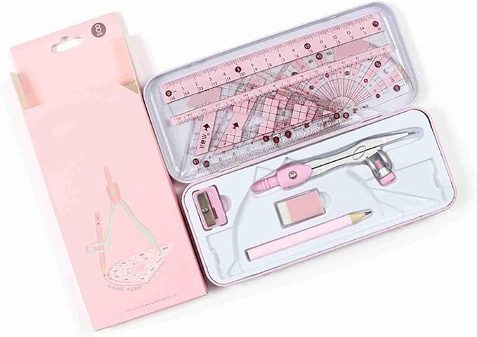 Geometry Set, Pencil for Compass, Pencil Sharpener, Rulers, Straight Ruler, Protractor, Graphic Compass, White Eraser Shatterproof Storage Box Protractor, Math Geometry Kit Drawing Tools (Pink)