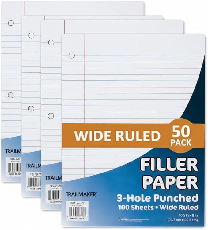 Trail Maker (50 Pack) Bulk Filler Paper Wide Ruled, 8 x 10-1/2 Inch Wide Ruled Paper, 3 Hole Punch, Loose Leaf Notebook Paper for 3 Ring Binders, 5000 sheets total
