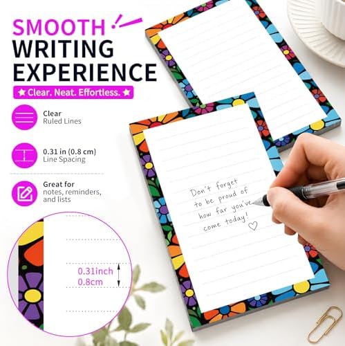 Lined Sticky Notes 4x6 in, 2 Pack Large Cute Notepads with Lines Self-Stick Note Pad, Funny Memo Pads Strong Adhesive for Office, Home Colorful Boho Flowers