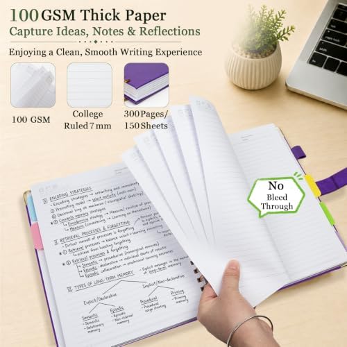 Hardcover Spiral Notebook 8.5''x 11'' College Ruled Notebook with Magnetic Closure, 300 Pages 5 Subject Notebooks with Pocket Dividers for Work School, A4 Leather Journal for Women, Men (Purple)
