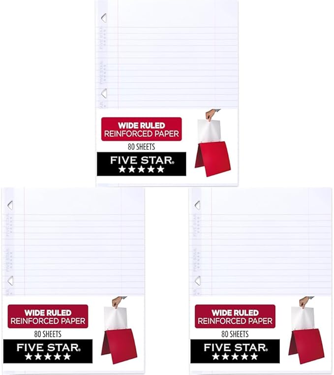 Five Star Loose Leaf Paper + Study App, Wide Ruled Filler Notebook Paper, Reinforced, Fights Ink Bleed, 8" x 10-1/2", 80 Sheets (150002) (Pack of 3)
