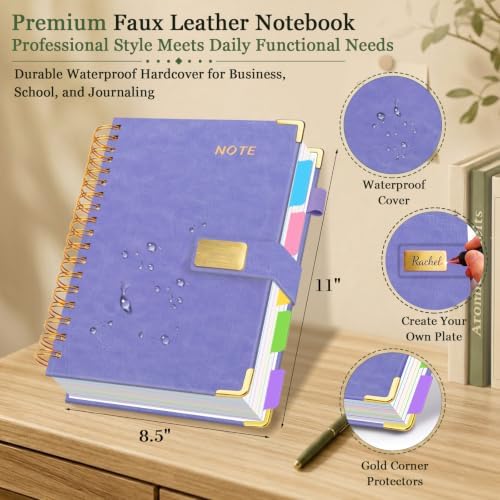 Hardcover Spiral Notebook 8.5''x 11'' College Ruled Notebook with Magnetic Closure, 300 Pages 5 Subject Notebooks with Pocket Dividers for Work School, A4 Leather Journal for Women, Men (Lilac Purple)