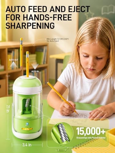 M&G S5 Electric Pencil Sharpener,Fully Automatic for 6.5–11mm No.2&Colored Pencil,Auto In&Out,3 Sharpness Modes,Type-C Rechargeable,Helical Blade,Cute Pencil Sharpener for School Classroom Home, Green