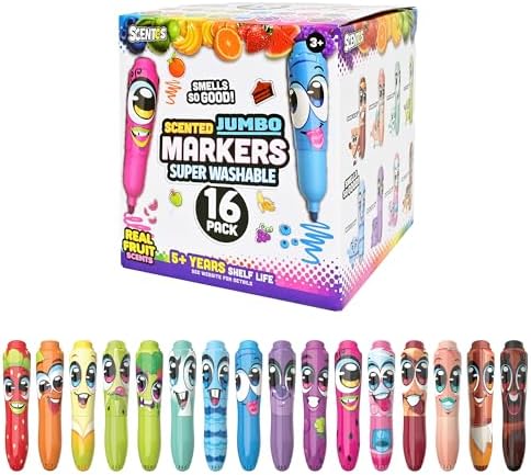 Scentos Jumbo Scented Markers for Kids, 16 Pack Fruit Scented Washable Marker, 16 Colors and Scents. Non Toxic, Chunky Design for Little Hands, Back to School Supplies, Classroom Must Have