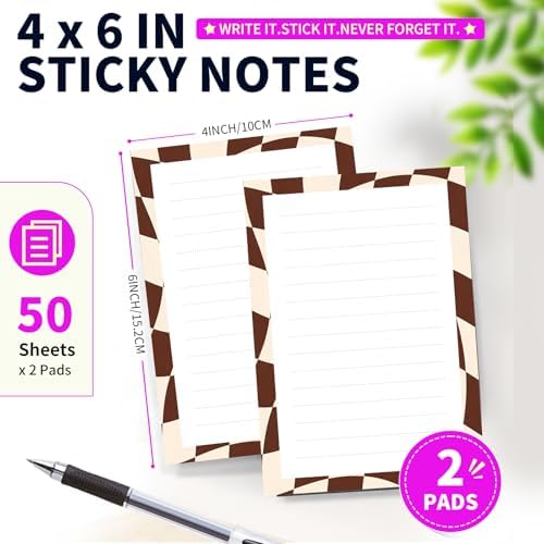Lined Sticky Notes 4x6 in, 2 Pack Large Cute Notepads with Lines Self-Stick Note Pad, Funny Memo Pads Strong Adhesive for Office, Home Green Curve Plaid