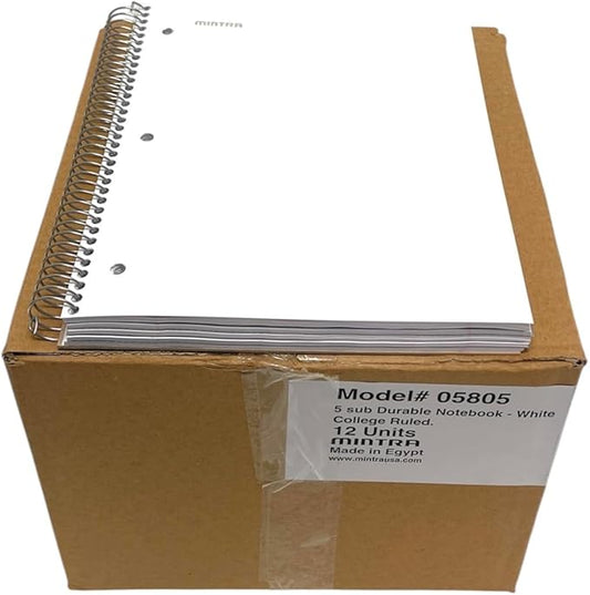 Mintra Office Durable Spiral Notebooks, 5 Subject (White, College Ruled 12pk)