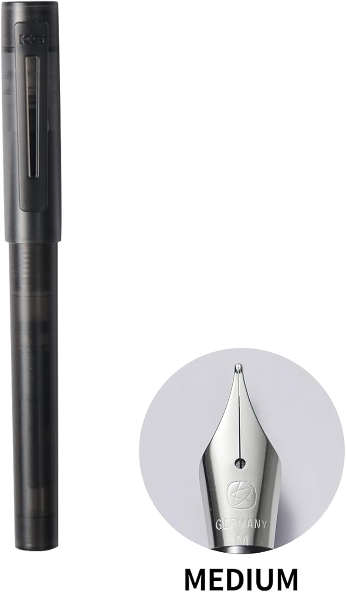 Kaco SKY Fountain Pen with Extra 8 Cartridges, Black Ink Pen with Medium Nib and Ink Converter, Black