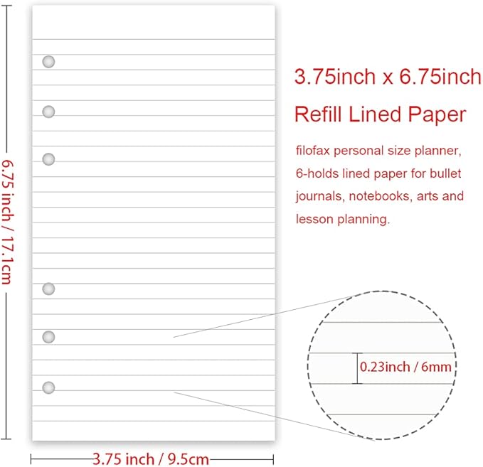 A6 Lined Refill Paper, 100 Sheets/200 Pages Loose Leaf Paper for Filofax Person Binders, 6 Holes Punched, 100gsm Ruled White Filler Paper, 3.75'' x 6.75''