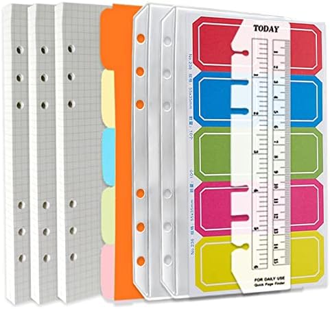DY.2ten a6 6-Hole Binder Notebook Refills Set - 135 Sheets (270 Pages) Graph Paper + 2pcs Zipper Binder Pockets + 5 Pcs Dividers + Index Note Tabs + Ruler for Filofax a6