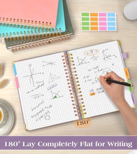5 Subject Graph Paper Notebook with Removable Dividers Tabs, 300 Pages Hardcover Leather Grid Spiral Journal, 8"x10" B5 Large Graphing Notebooks for Women Men Work School College Engineering, Purple