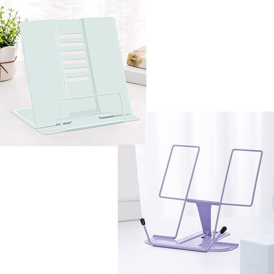 MSDADA 2PC Different Design Desk Book Stand Metal Reading Rest Book Holder Adjustable Cookbook Documents Holder Portable Sturdy Bookstand for Recipes Textbooks Tablet Music Books(Macaron Green+Purple)