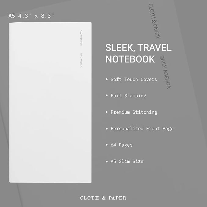 Cloth & Paper Travel Notebook | Daily Planner Agenda – Aspen | A5 Slim Planner Notebook 4.3" x 8.3" | Productivity Planner with Hourly Schedule Layout for Planning & Time Blocking – Soft Touch Cover