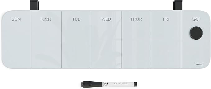 U Brands Magnetic Cubicle/Wall Glass Dry-Erase Weekly Calendar Board, 20" X 5.5" Inches, White Frosted Surface, Frameless