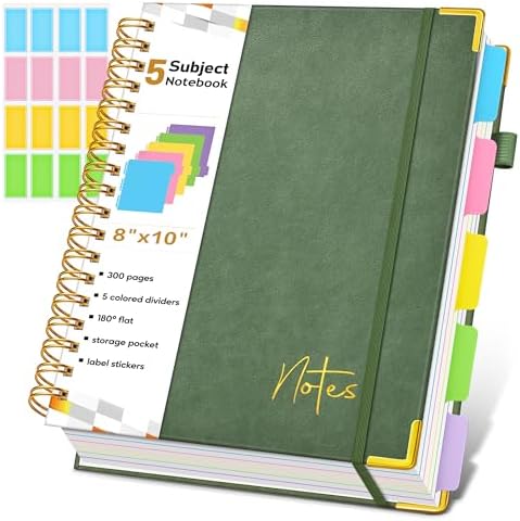 5 Subject Dotted Notebook with Removable Dividers Tabs, 300 Pages Hardcover Leather Dot Grid Spiral Journal, 8"x10" B5 Large Bullet Notebooks for Women Men Work School College Maths Sketching, Green